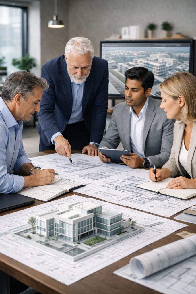 AEC team reviewing coordinated BIM and Revit project outputs