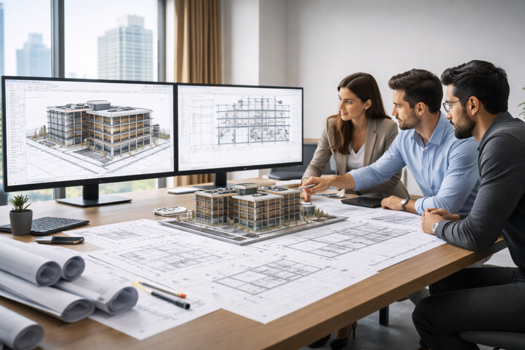 Architectural BIM and Revit services team reviewing coordinated building models and drawing sheets in a premium office
