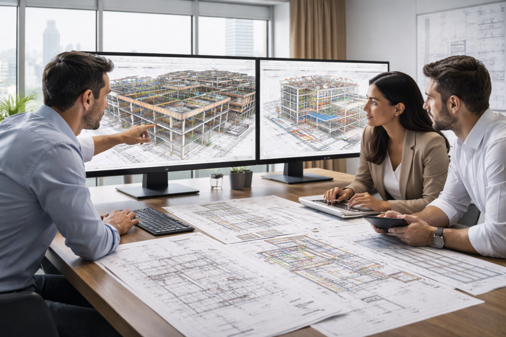 BIM and Revit coordination services showing clash detection review across architecture structure and MEP systems