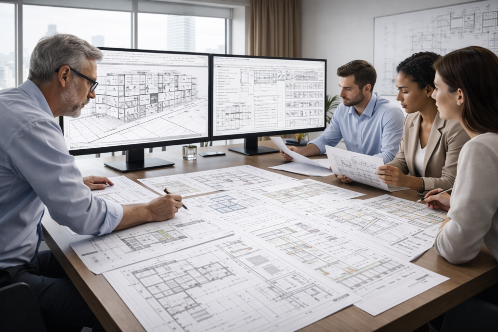 BIM drafting and Revit construction documentation services with coordinated drawing sheets and schedules