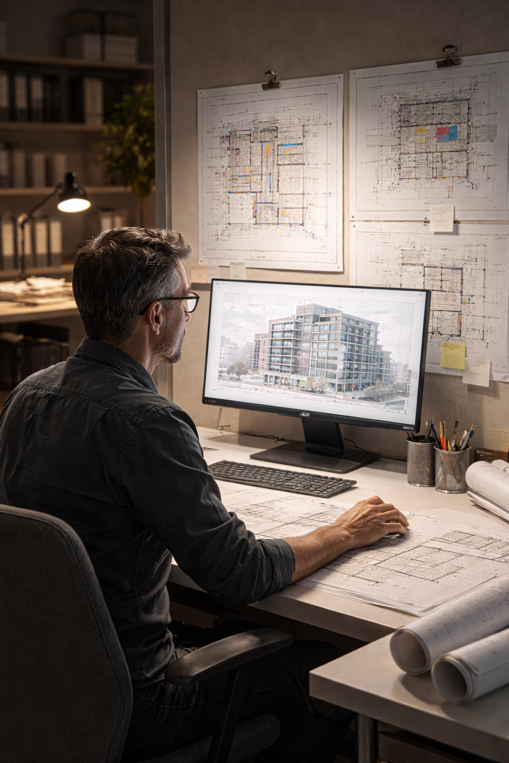 A professional reviewing BIM delivery workflow at a workstation