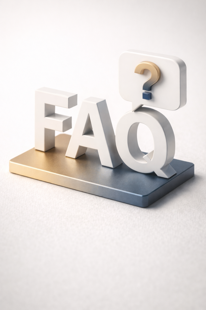 Premium 3D FAQ icon with white lettering and a question-mark speech bubble on a gold and blue base.