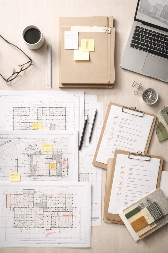 Organized project documents and notes prepared for proposal review