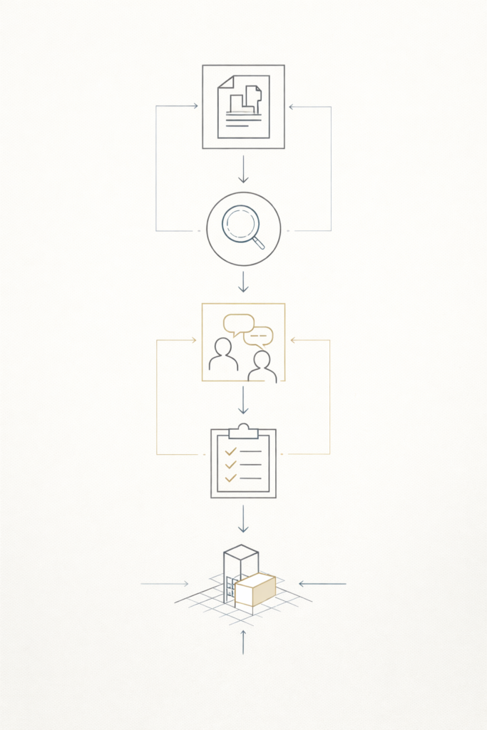 Architectural process graphic showing a structured proposal workflow