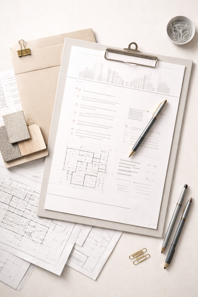 Proposal documents arranged in a professional architectural presentation