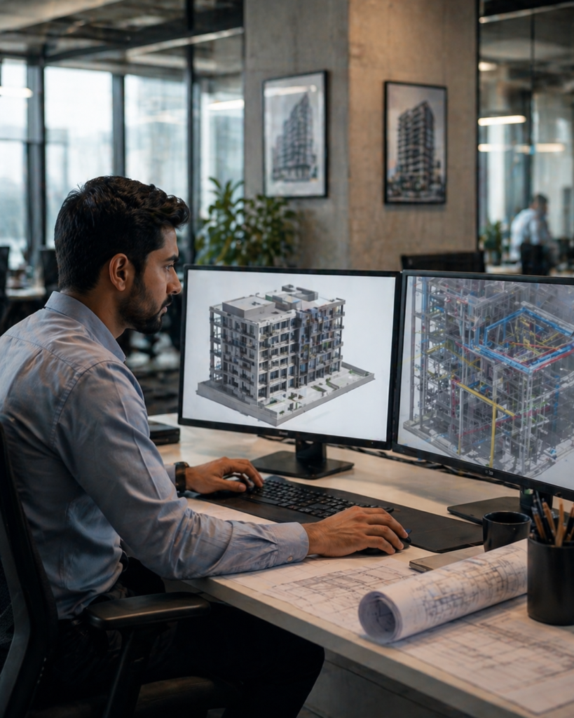 bimsrv-careers-what-we-look-for Senior BIM professionals reviewing project information in a refined office, conveying why professionals may choose to work with BIMSRV.