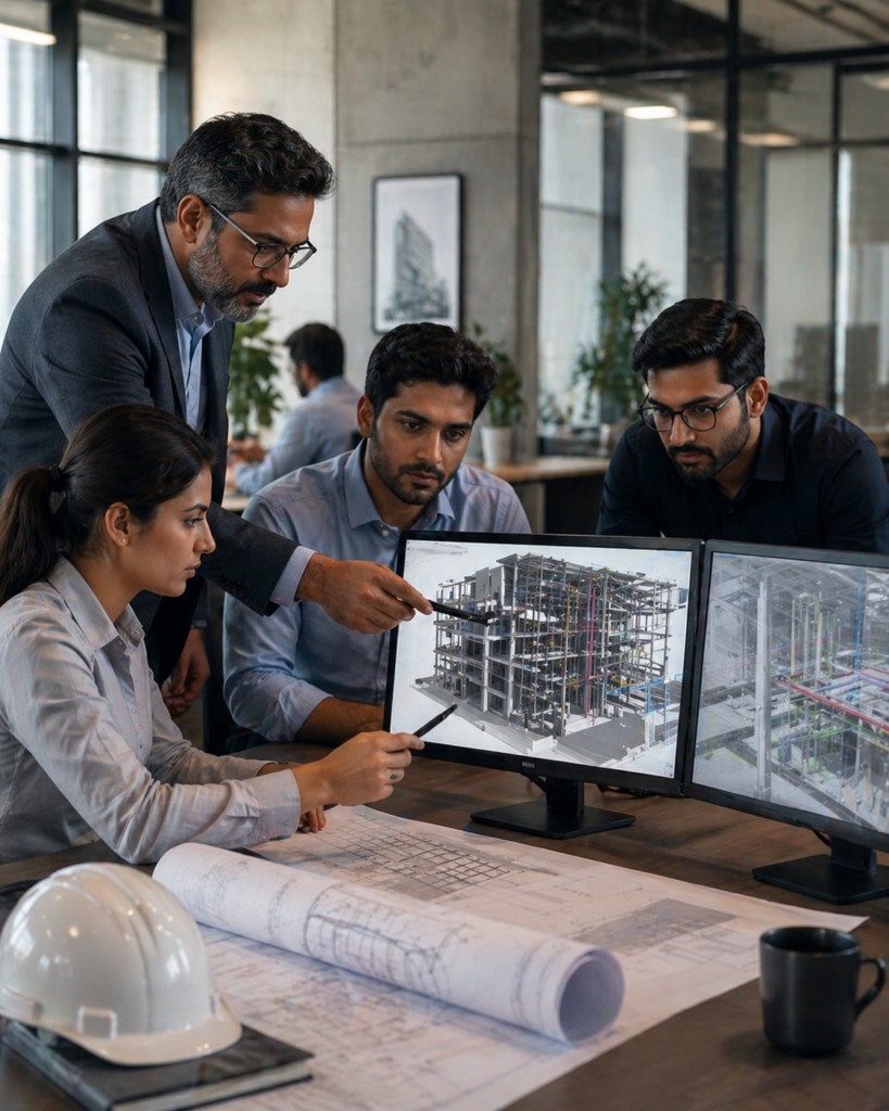 bimsrv-careers-why-work-with-bimsrv Senior BIM professionals reviewing project information in a refined office, conveying why professionals may choose to work with BIMSRV.