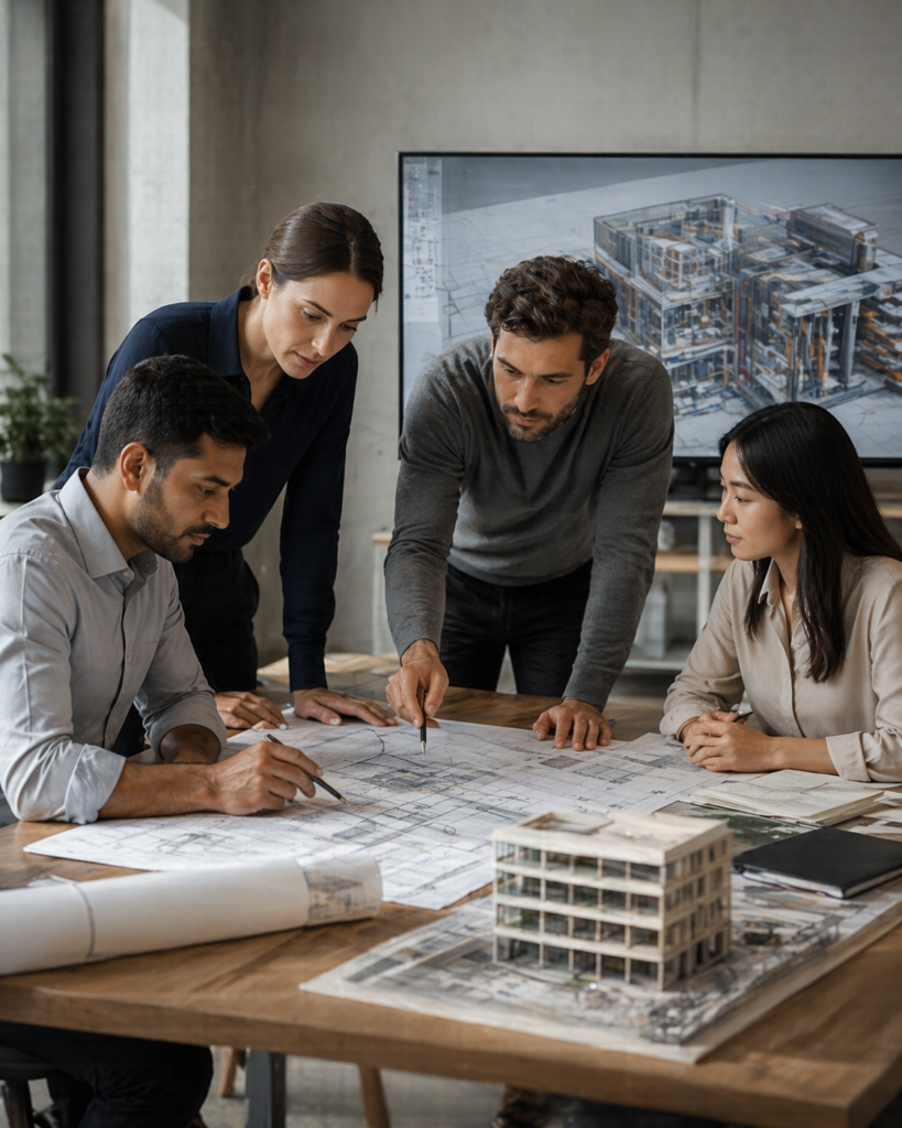 Multidisciplinary architecture and engineering professionals reviewing coordinated BIM project information