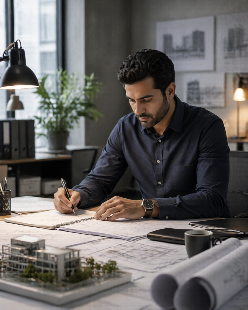 Professional reviewing scope documents and preparing a BIM project enquiry in a refined office