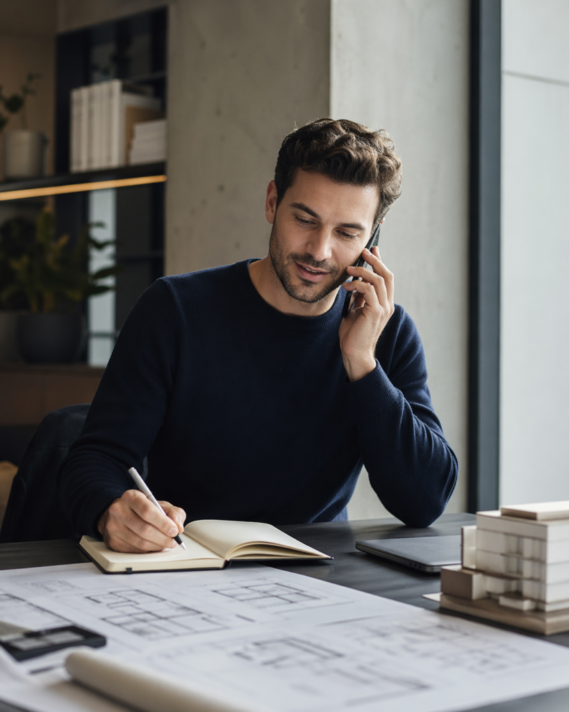 Professional architectural office scene suggesting direct contact, clarity, and client support