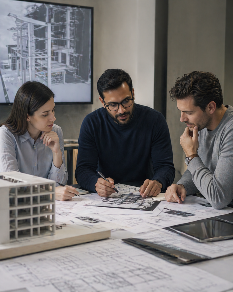 Professionals discussing BIM and Revit production requirements in a structured project review setting