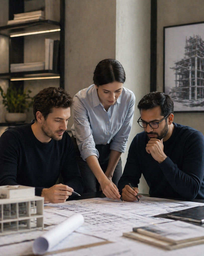 Professionals discussing project questions and clarifying BIM requirements in an architectural office