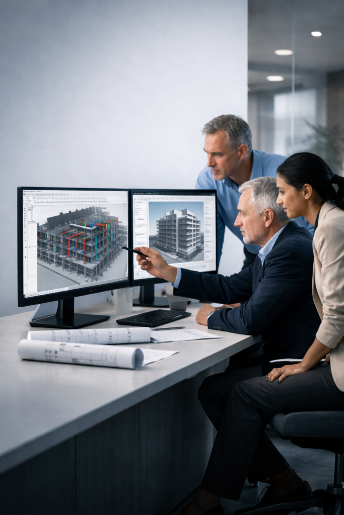 Illustration of BIM service workflows including modelling, coordination, and documentation