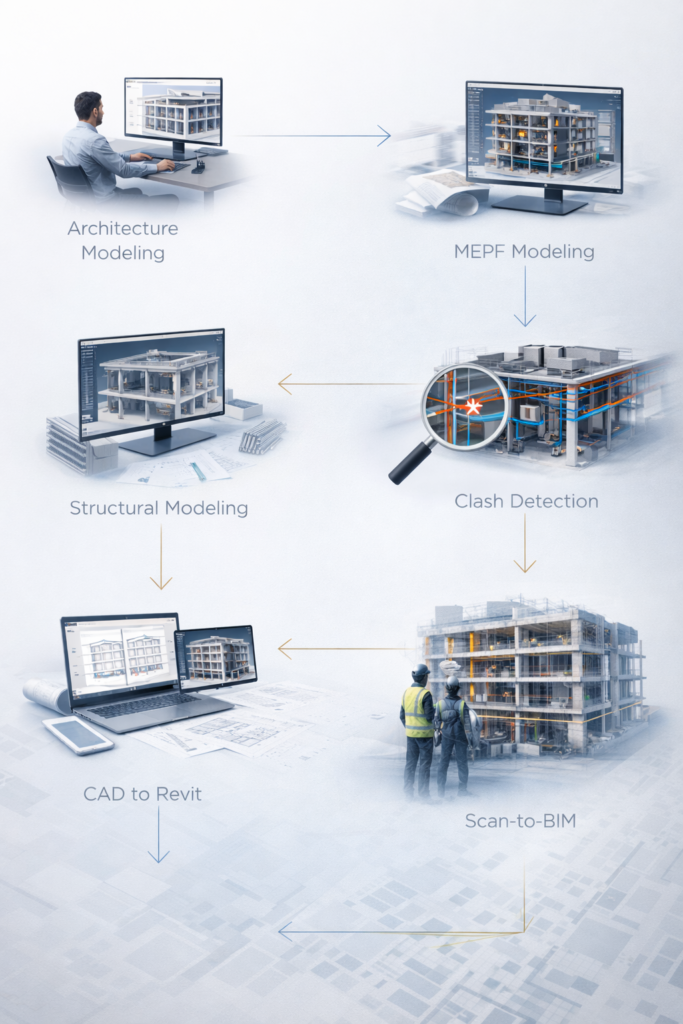 Composite visual representing key BIM and Revit service paths