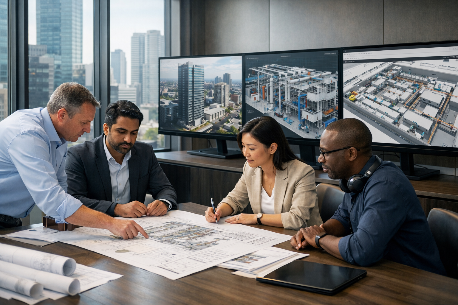 BIM and Revit services team collaborating on coordinated architectural, structural, and MEP project delivery in a premium global office environment