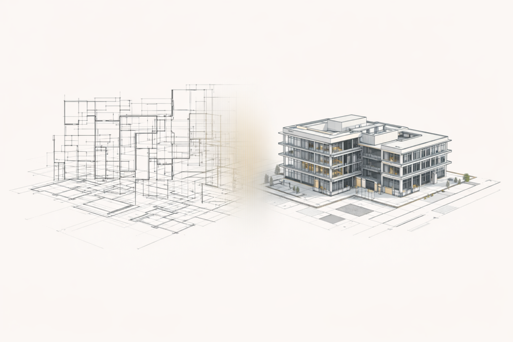 CAD to Revit conversion services showing 2D drawing information transitioning into a 3D BIM model