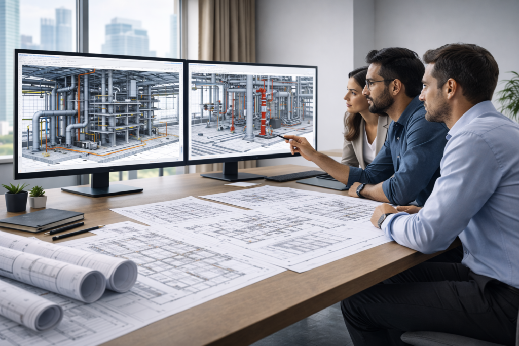 MEPF BIM and Revit services showing coordinated ducts pipes cable trays and building services models
