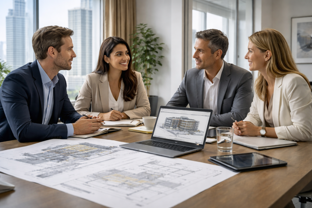 BIM and Revit Services partnership discussion in a premium global office environment with coordinated project delivery context
