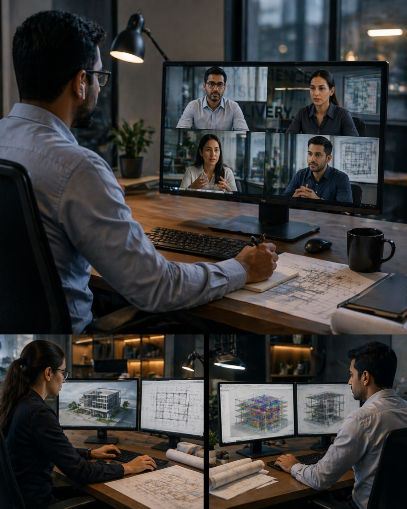 Distributed AEC professionals collaborating remotely on coordinated BIM models, drawing packages, and cloud-based workflows in a premium office setting.