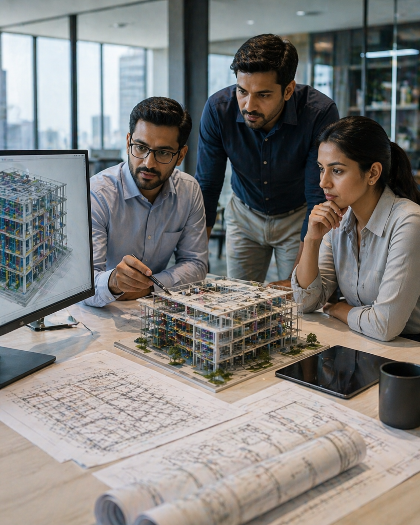 Technical team reviewing coordinated building models and organized project outputs in a premium AEC office environment.