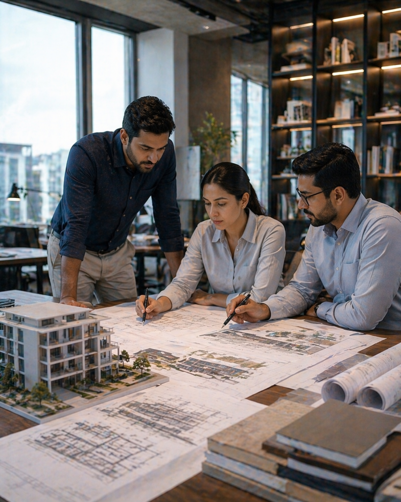 Senior technical professionals studying coordinated structural models, drawings, and sections in a refined office environment.