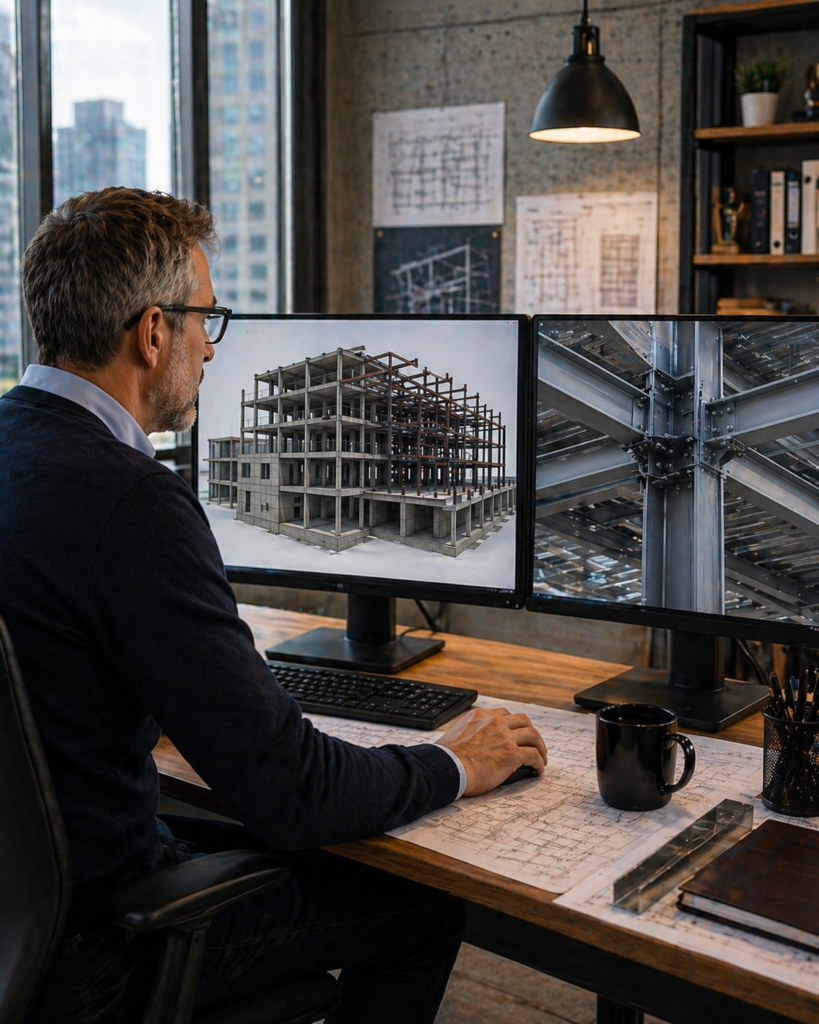 Structural BIM and Revit services review showing concrete and steel framing models on dual monitors