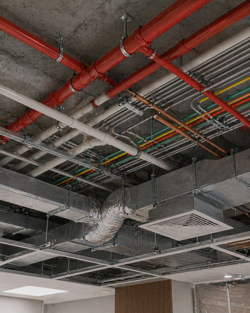 **MEPF BIM and Revit Services showing coordinated fire fighting pipes (red), plumbing lines, electrical conduits, and HVAC ducts arranged above a false ceiling, with fire pipes near slab soffit and ducts at the lowest level in a structured coordination layout**