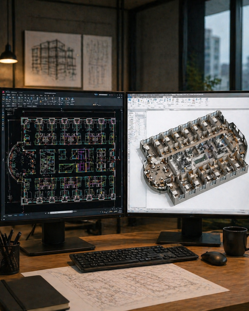 **CAD to Revit conversion service showing a hotel floor plan in CAD on one monitor and a clean 3D axonometric Revit model of the converted layout on the second screen in a professional workstation setting