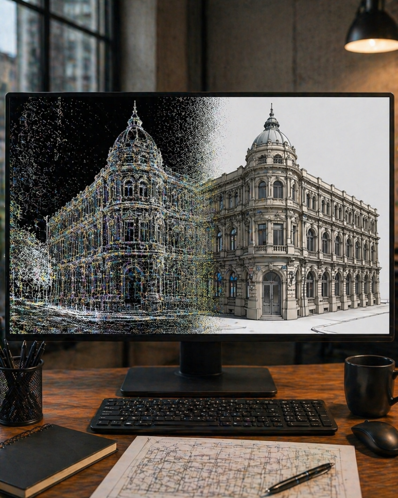 Scan to BIM Services showing a heritage building point cloud transitioning into a detailed as-built BIM model on a workstation screen, illustrating accurate digital reconstruction from scan data in a refined professional environment