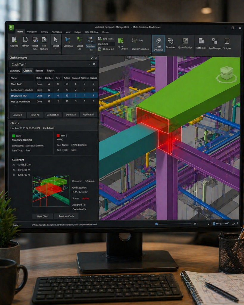 **BIM and Revit Coordination Services for Clash Detection Support showing a Navisworks-style multidisciplinary model on screen with a highlighted clash between a structural steel joist and an HVAC duct**
