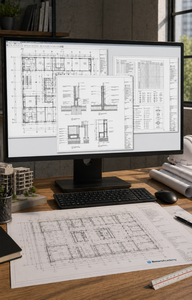 BIM Drafting and Revit Construction Documentation Services showing detailed plan sheets, construction details, legends, and schedules on a computer screen with printed A1 construction drawings on a professional drafting desk