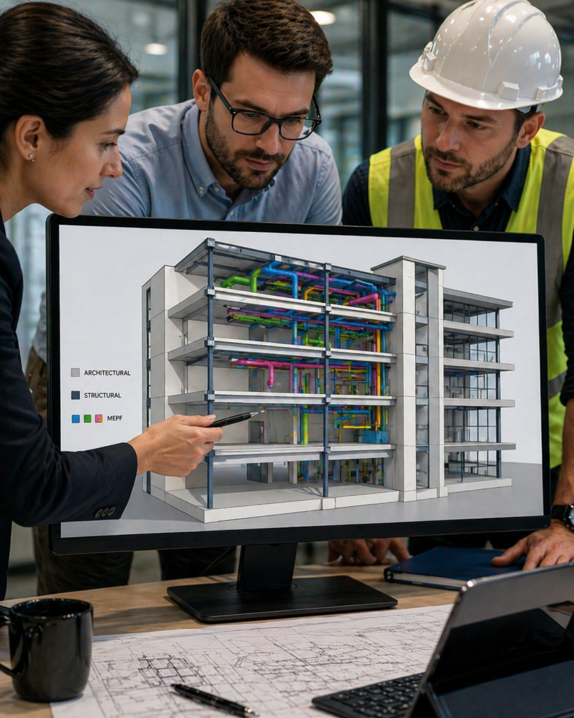 Services for Architects, Engineers, and Contractors showing a collaborative review of a clean federated BIM model with architectural, steel structural, and MEPF systems on screen in a coordinated project discussion setting