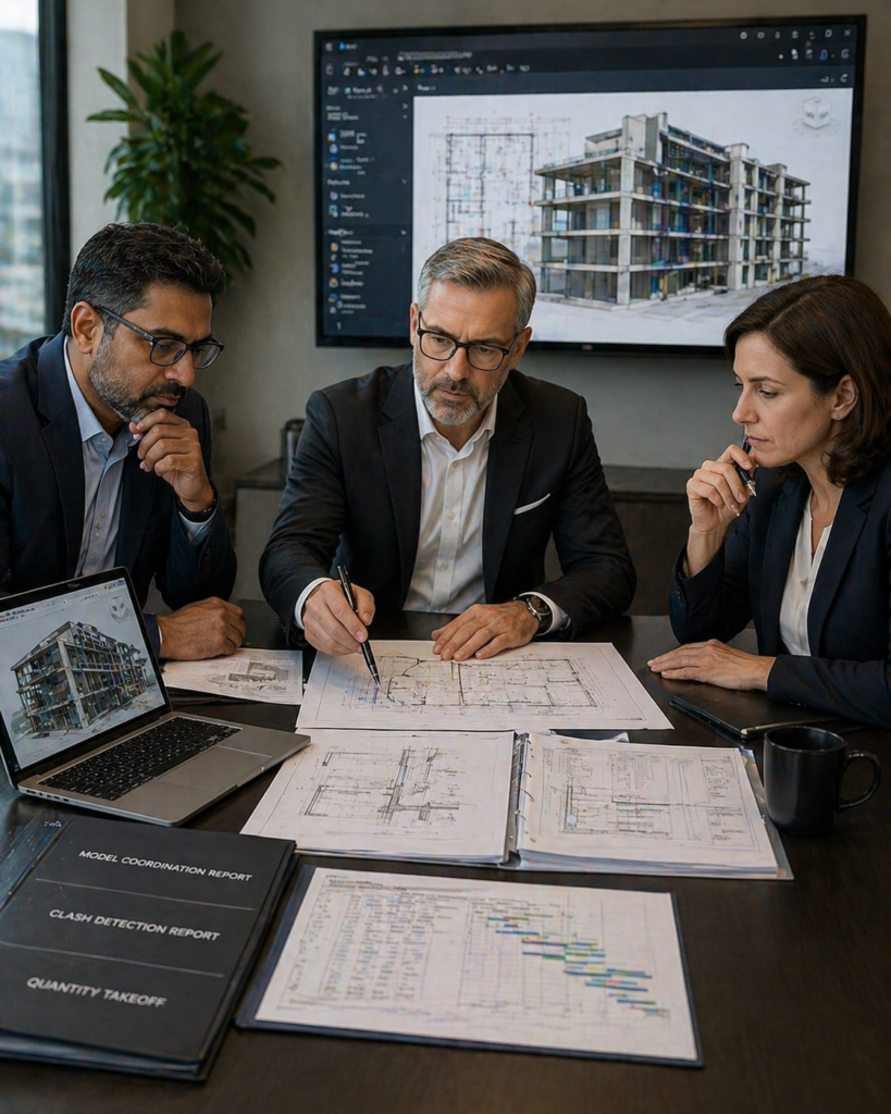 Why Choose Bimsrv for BIM and Revit Services showing senior decision-makers reviewing BIM models, construction drawings, and coordination reports in a professional project evaluation meeting