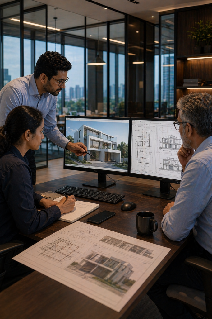 Architectural team reviewing a modern residential BIM model and construction drawings on dual monitors in a contemporary office, discussing design and documentation workflow — Request a Proposal for BIM and Revit Services