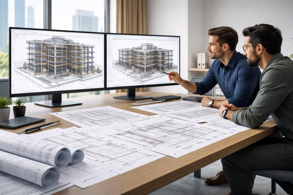 Structural BIM and Revit services team reviewing reinforced concrete and steel coordination models