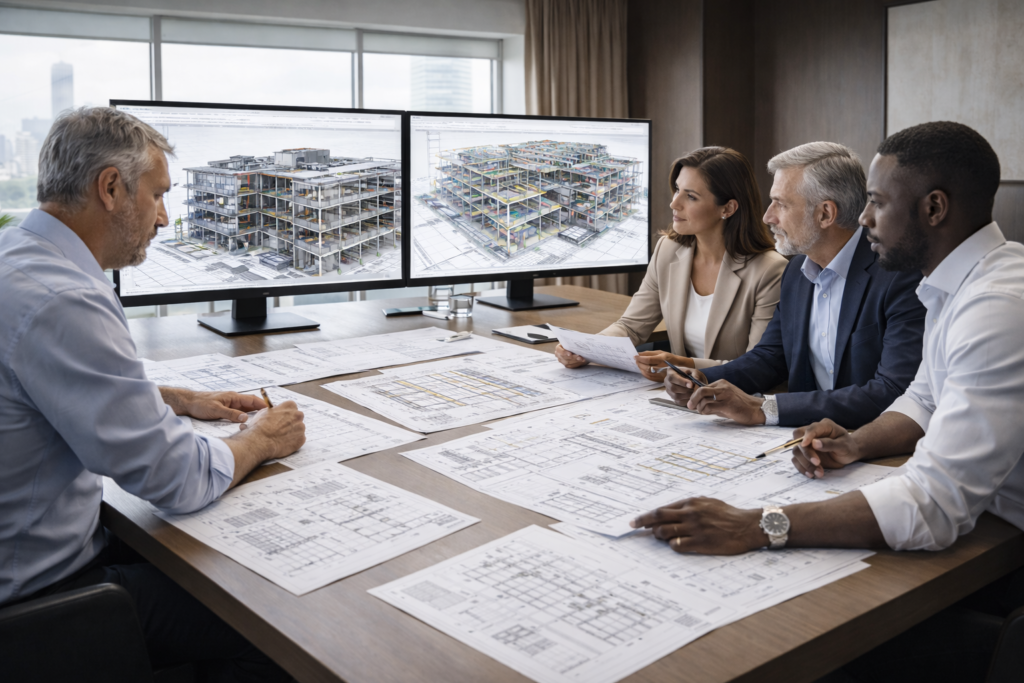 Senior team reviewing BIM and Revit services outputs and construction documents in a premium office setting